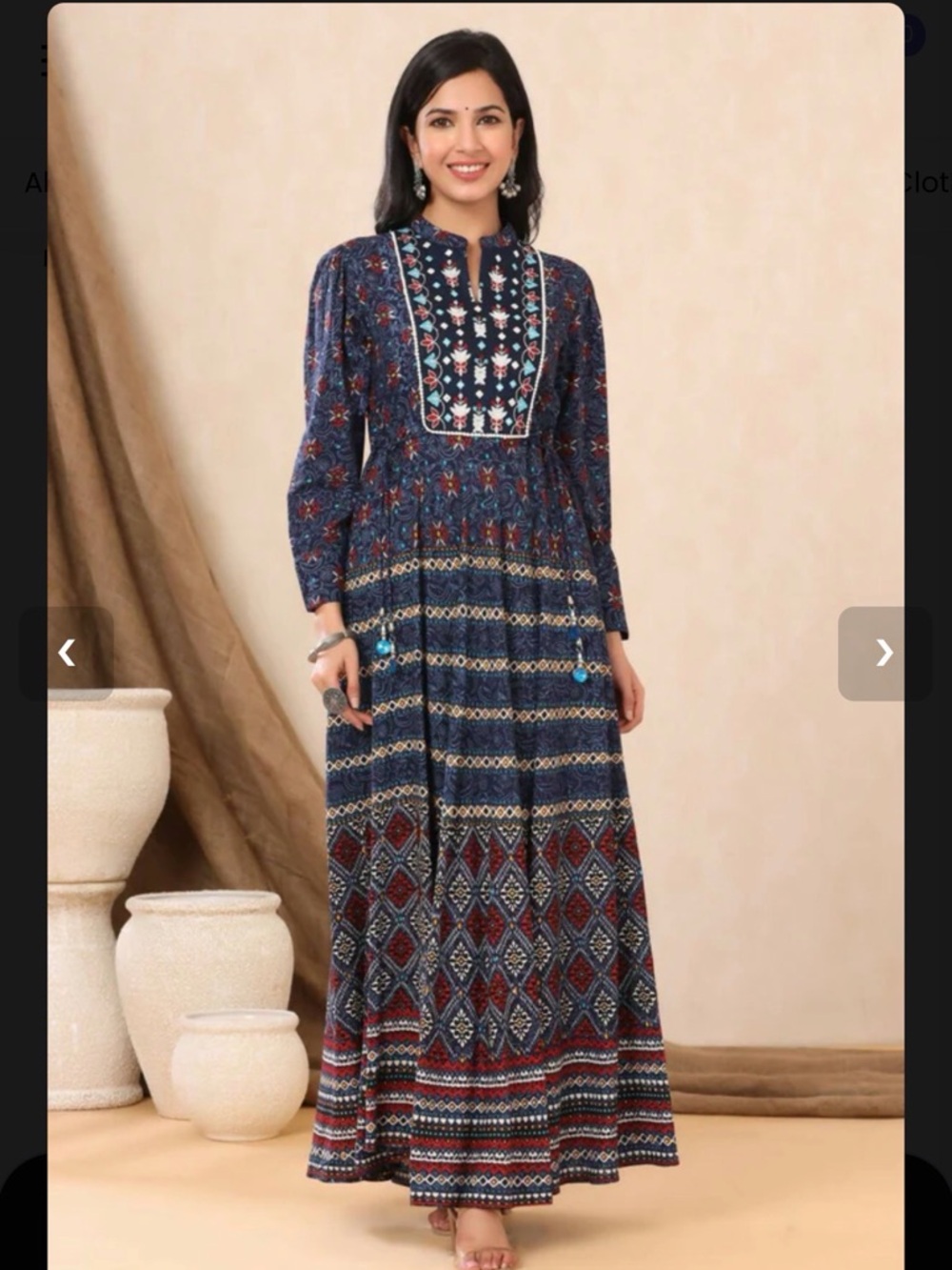 Navy Blue Printed Maxi Dress with Embroidered Yoke